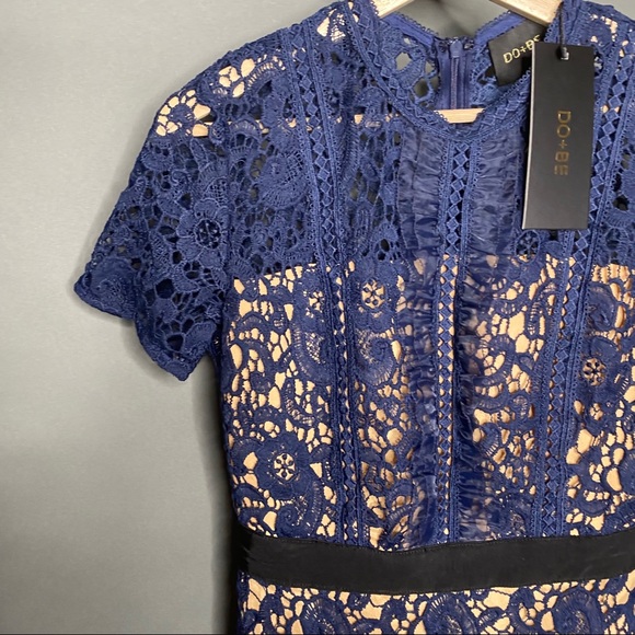 Lulus Do+Be Navy Lace Ruffle Cream Mini Dress NWT - Picture 4 of 7